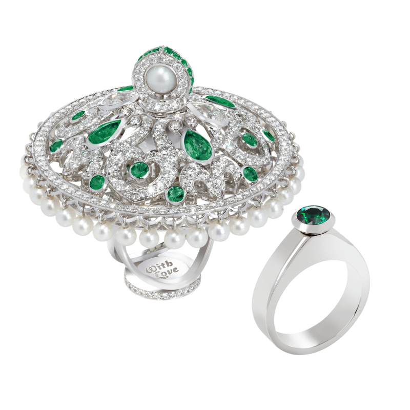 Dancing Doll Ring in White Gold with White Diamonds, Emeralds and Pearls DDR5.04.14.22 Sybarite Jewellery - image 0