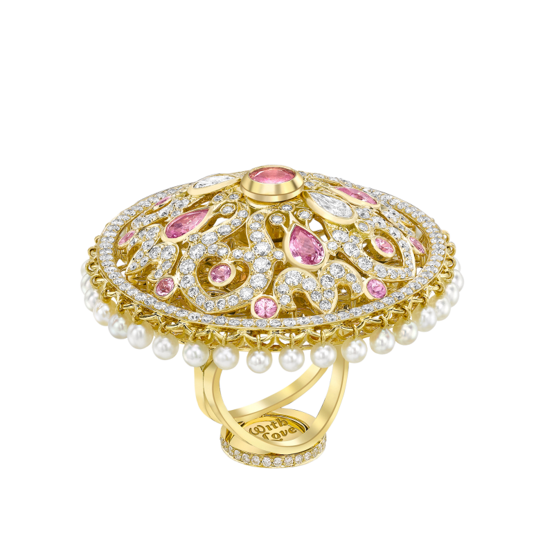Dancing Doll Ring in Yellow Gold with White Diamonds, Pink Sapphires and Pearls DDR5.24.26.22 Sybarite Jewellery - image 1
