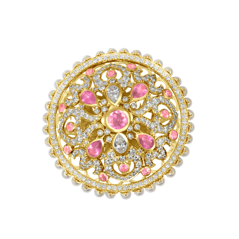 Dancing Doll Ring in Yellow Gold with White Diamonds, Pink Sapphires and Pearls DDR5.24.26.22 Sybarite Jewellery - image 2