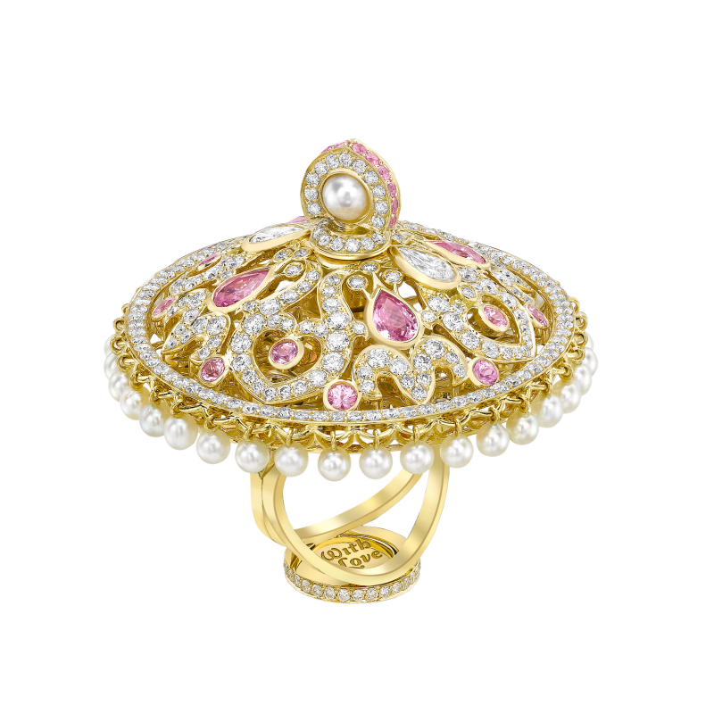 Dancing Doll Ring in Yellow Gold with White Diamonds, Pink Sapphires and Pearls DDR5.24.26.22 Sybarite Jewellery - image 3