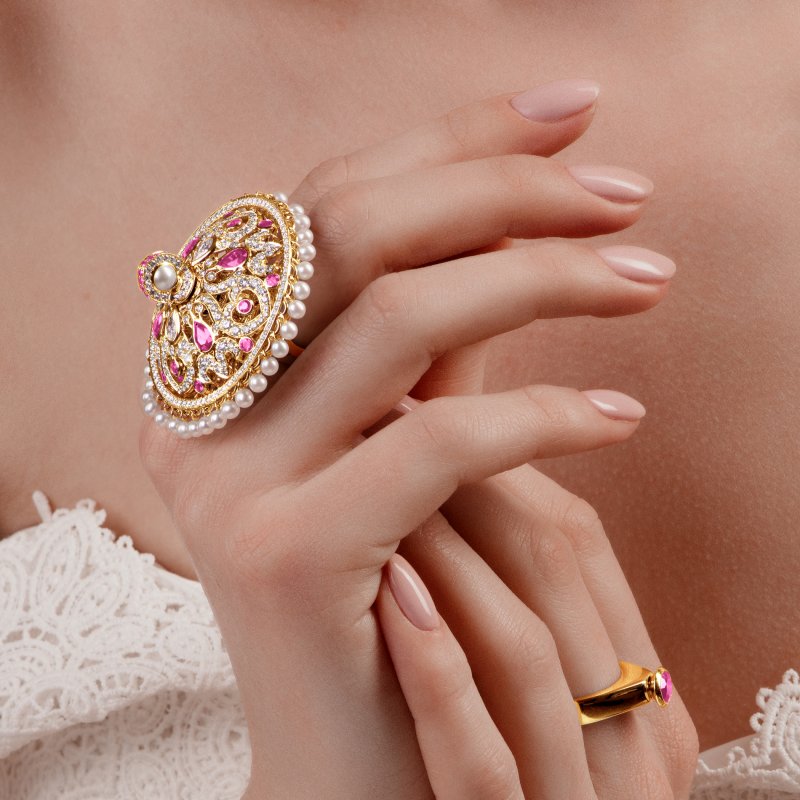 Dancing Doll Ring in Yellow Gold with White Diamonds, Pink Sapphires and Pearls DDR5.24.26.22 Sybarite Jewellery - image 5