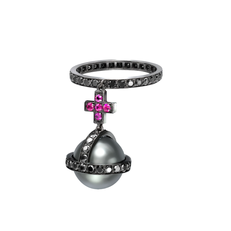 Sceptre Ring in Blackened Gold with Black Diamonds, Rubies & South Sea Pearl SR3.1523.15 Sybarite Jewellery - image 0