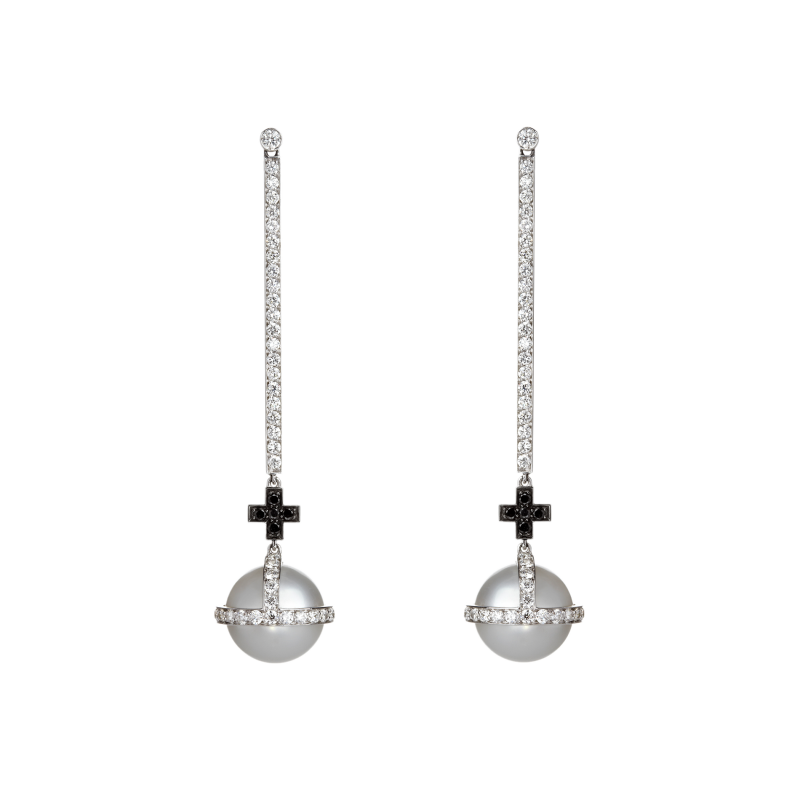 Sceptre Drop Cross Earrings in White Gold with Black & White Diamonds and South Sea Pearls SEL3.0422.5 Sybarite Jewellery - image 0