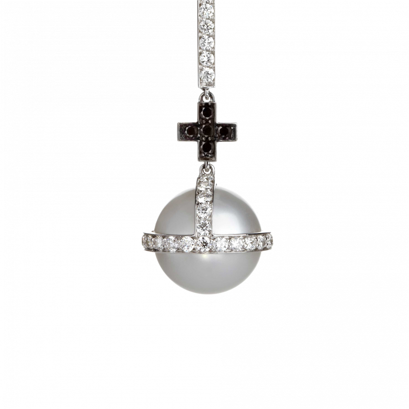 Sceptre Drop Cross Earrings in White Gold with Black & White Diamonds and South Sea Pearls SEL3.0422.5 Sybarite Jewellery - image 1