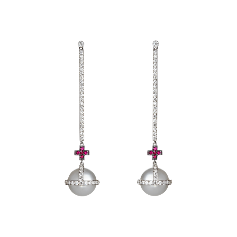 Sceptre Drop Cross Earrings in White Gold with White Diamonds, Rubies & South Sea Pearls SLE3.0422.15 Sybarite Jewellery - image 0