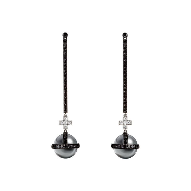 Sceptre Drop Cross Earrings in Blackened Gold with Black & White Diamonds and South Sea Pearls SLE3.1522.4 Sybarite Jewellery - image 0