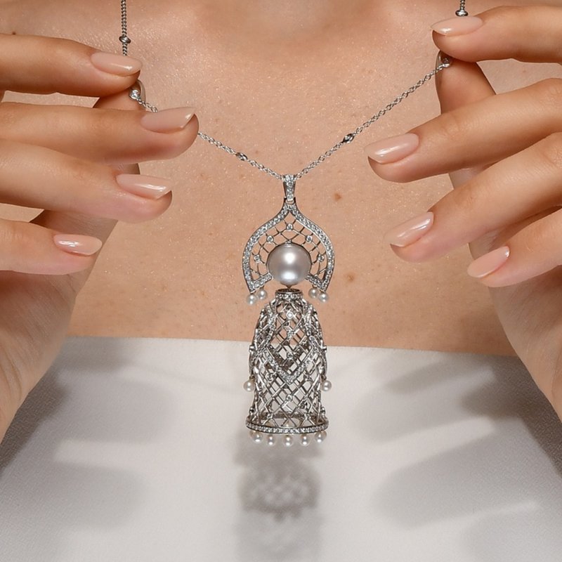 Doll Pendant Necklace in White Gold with White Diamonds & South Sea Pearl MDP6.04 Sybarite Jewellery - image 3