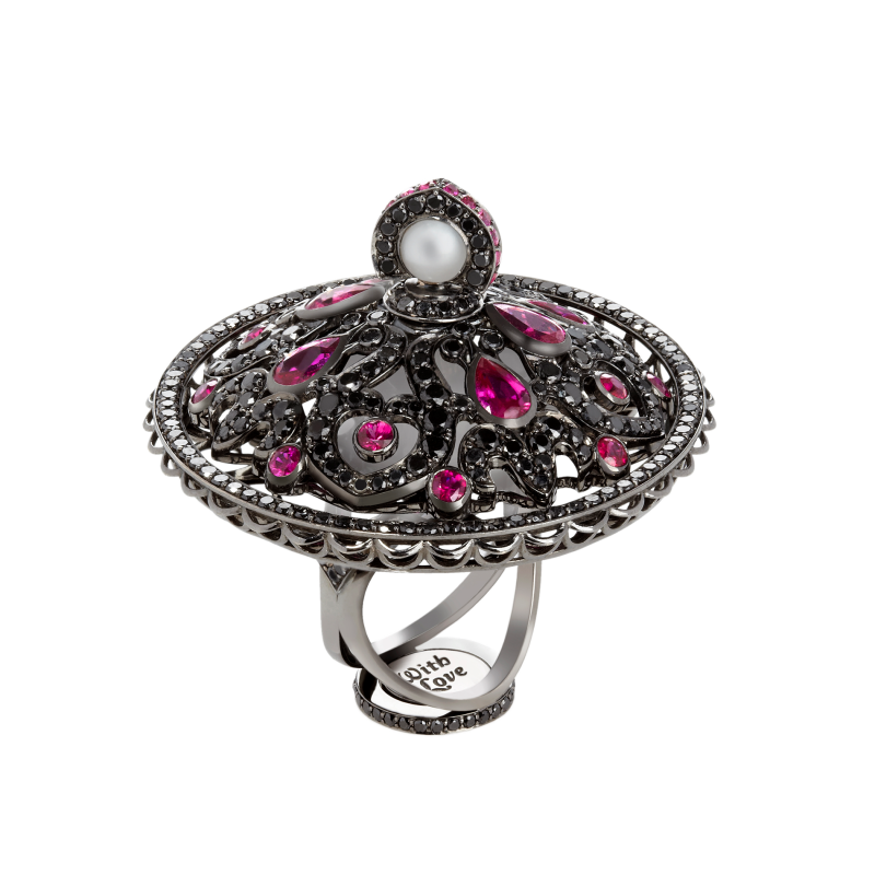 Dancing Doll Ring in Blackened Gold with Black Diamonds, Rubies and Pearls DDR5.15.15 Sybarite Jewellery - image 3