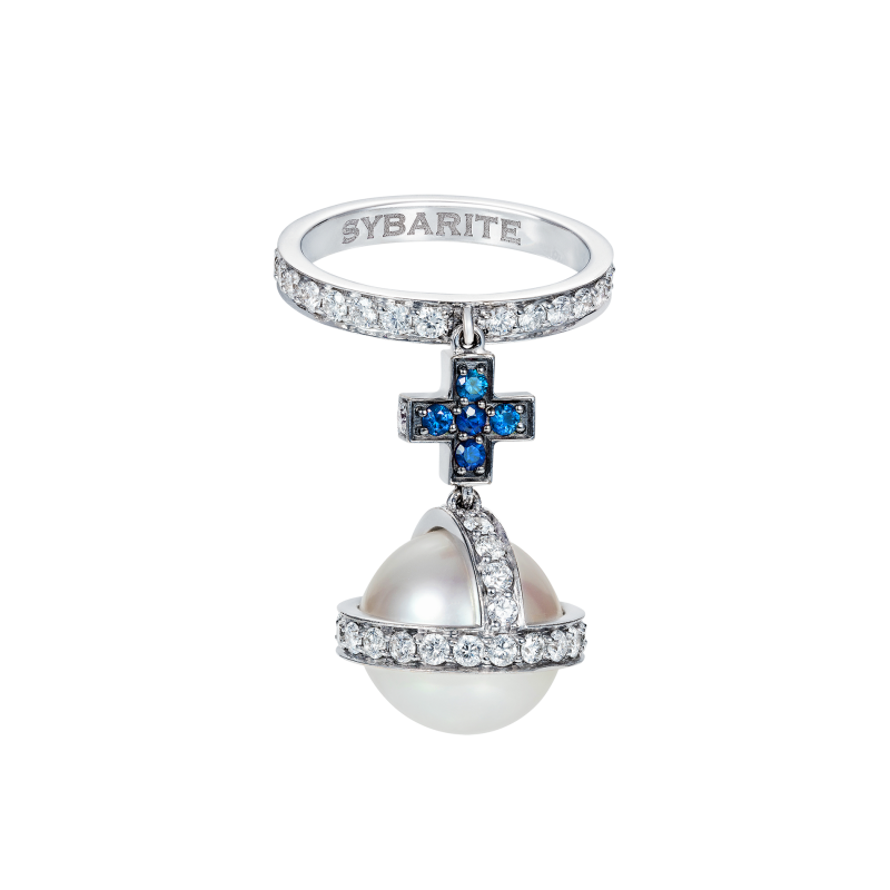 Sceptre Ring in White Gold with White Diamonds, Sapphires & South Sea Pearl SR3.04.22.20 Sybarite Jewellery - image 0