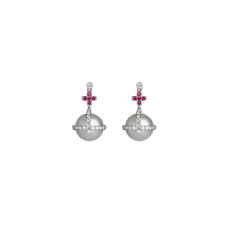 Sceptre Earrings in White Gold with White Diamonds, Rubies & South Sea Pearls  SSE3.0422.15  Sybarite Jewellery - image 0