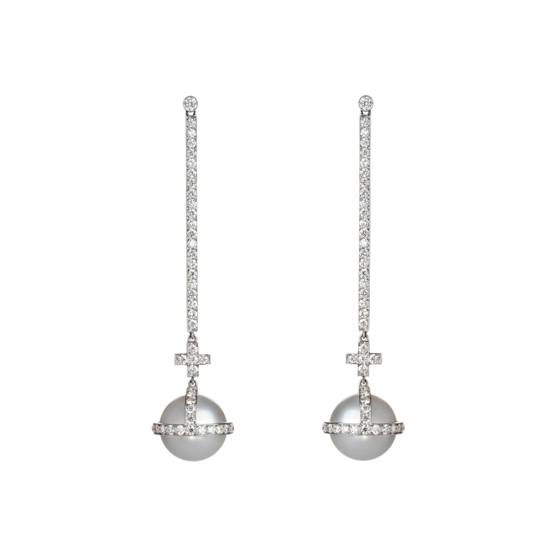 Sceptre Drop Cross Earrings in White Gold with White Diamonds & South Sea Pearls  SLE3.04.22  Sybarite Jewellery - image 0