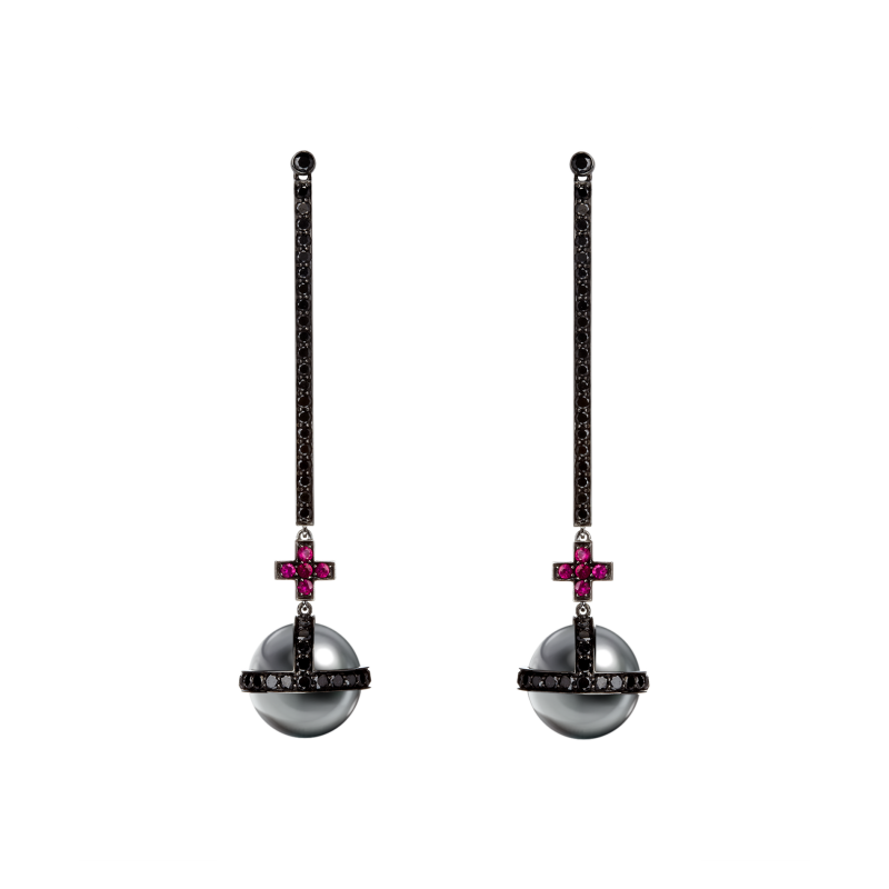 Sceptre Drop Cross Earrings in Blackened Gold with Black Diamonds, Rubies & South Sea Pearls  SLE3.15.22.15  Sybarite Jewellery - image 0
