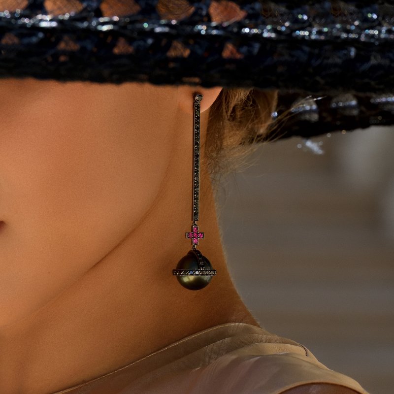 Sceptre Drop Cross Earrings in Blackened Gold with Black Diamonds, Rubies & South Sea Pearls  SLE3.15.22.15  Sybarite Jewellery - image 2