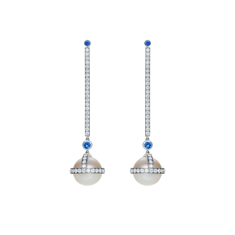 Sceptre Drop Earrings in White Gold with White Diamonds, Sapphires & South Sea Pearls  SLE3.15.24.10  Sybarite Jewellery - image 0