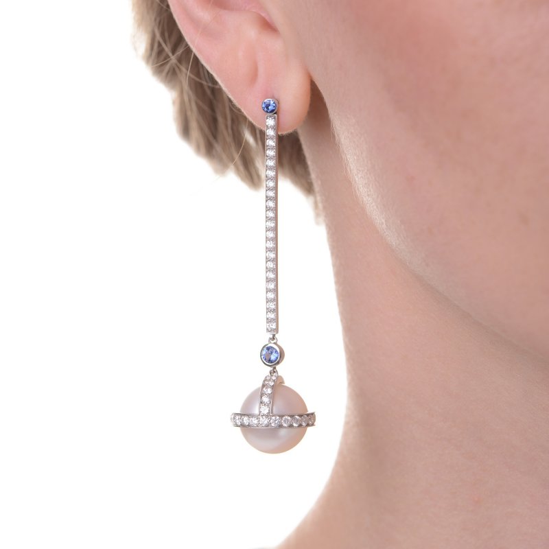Sceptre Drop Earrings in White Gold with White Diamonds, Sapphires & South Sea Pearls  SLE3.15.24.10  Sybarite Jewellery - image 2
