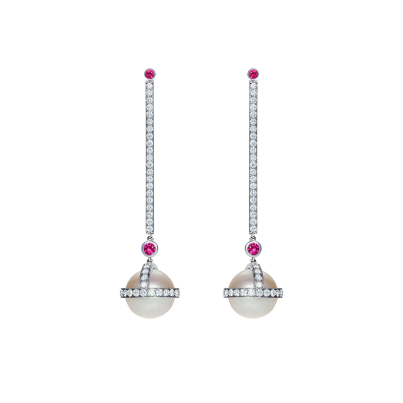 Sceptre Drop Earrings in White Gold with White Diamonds, Rubies & South Sea Pearls  SLE3.15.24.15  Sybarite Jewellery - image 0